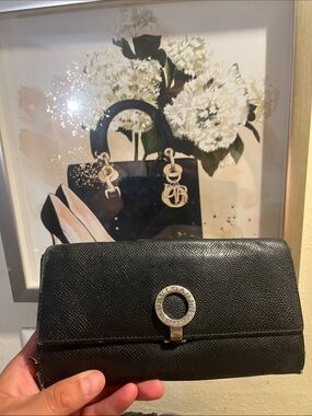 Bulgari Black Leather Continental Wallet with Circular Silver Logo